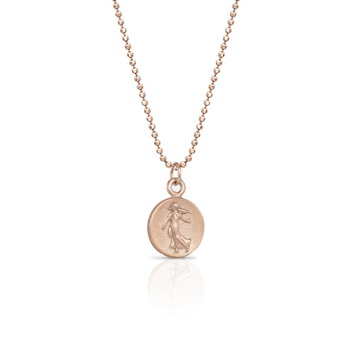 Dominique Cohen petite goddess coin delicate pendant necklace, in 18k rose gold <span class='visuallyhidden'>Call, text 323-404-2959 for shopping help.</span>